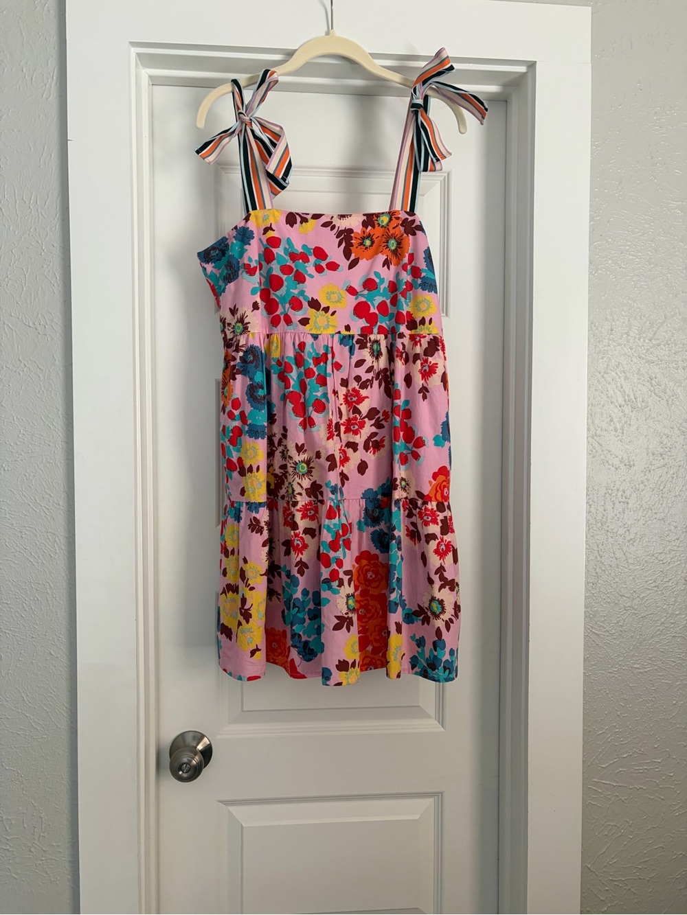 Peter Som Pink Floral Tiered Mini Dress with Striped Tie Straps